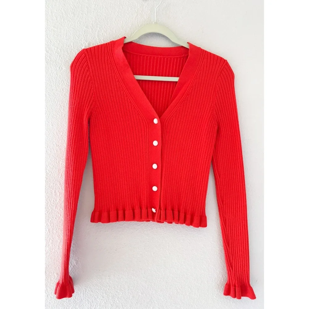 Commense Red Ribbed Ruffle Button Front Cardigan Sweater Balletcore Coquette L - Picture 2 of 5